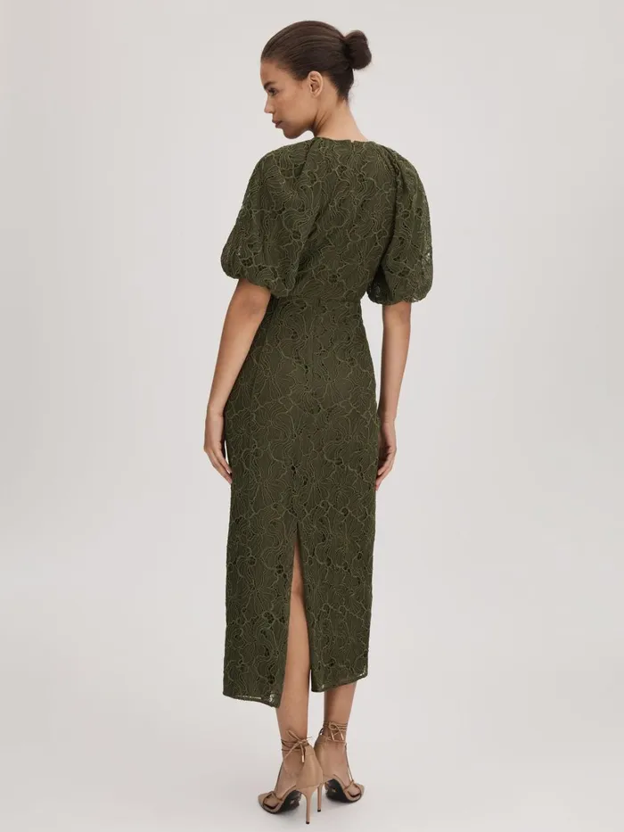 Women Reiss Brands Lace Puff Sleeve Midi Dress Dark Khaki