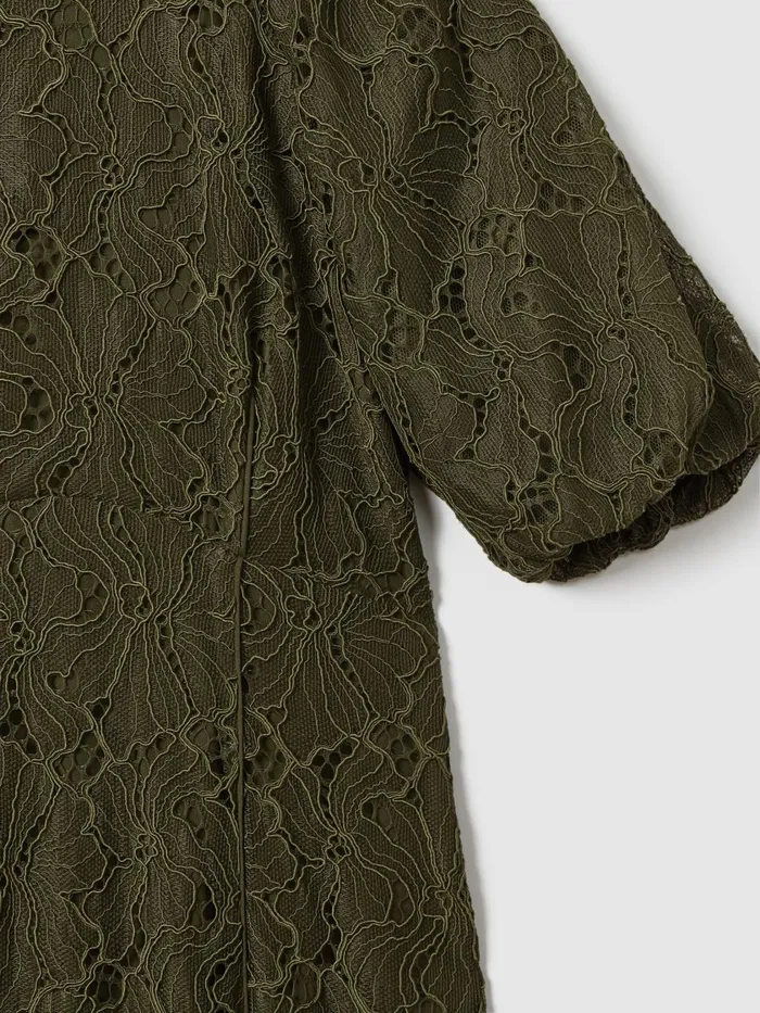 Women Reiss Brands Lace Puff Sleeve Midi Dress Dark Khaki