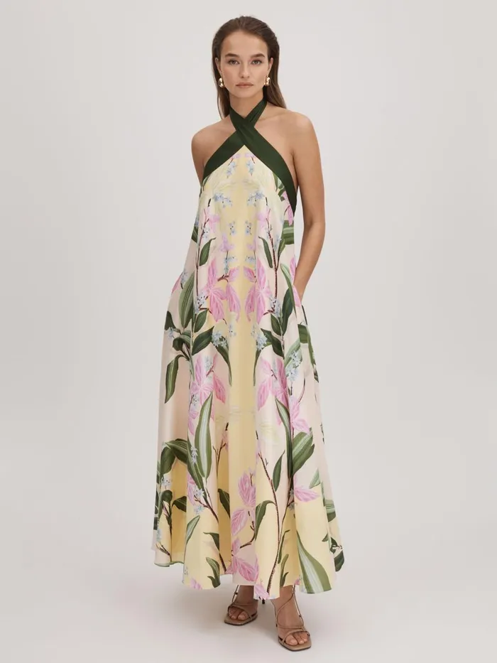 Women Reiss Brands Printed Halterneck Midi Dress Pale Yellow