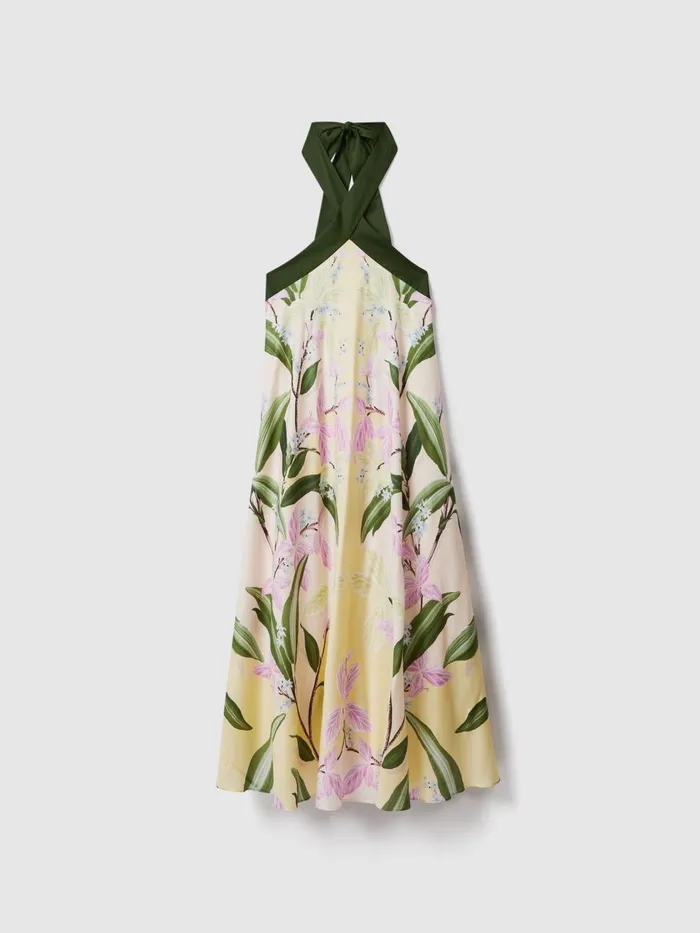 Women Reiss Brands Printed Halterneck Midi Dress Pale Yellow