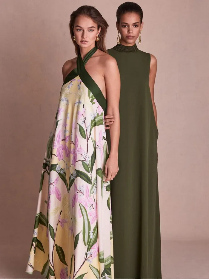 Women Reiss Brands Printed Halterneck Midi Dress Pale Yellow