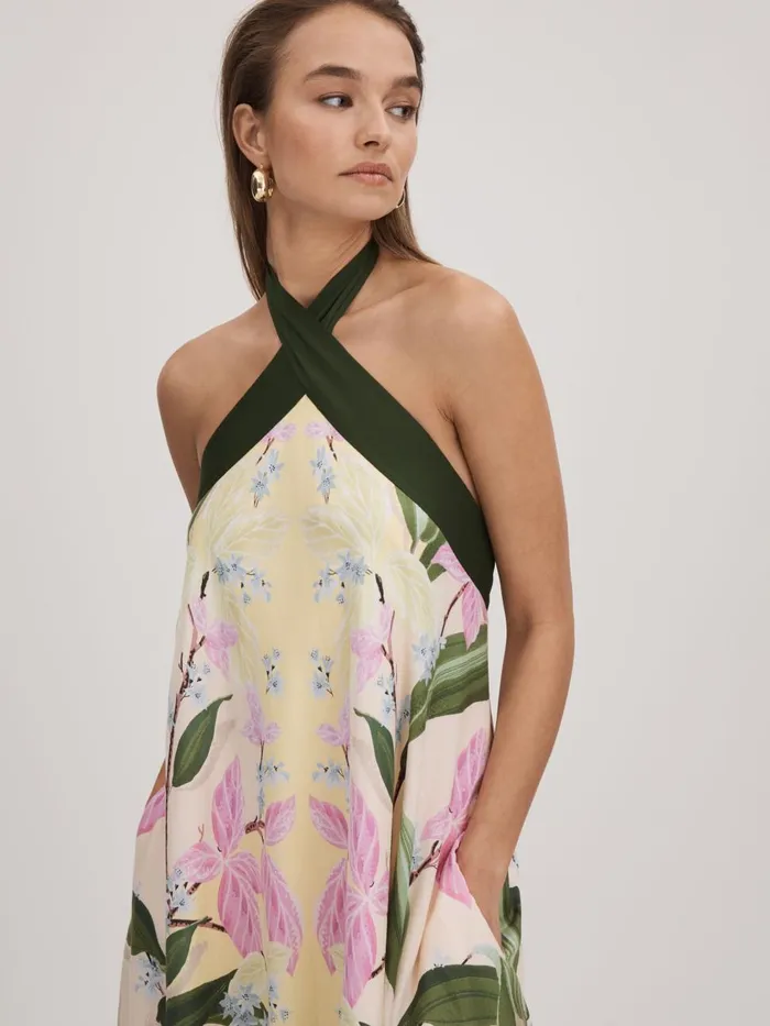 Women Reiss Brands Printed Halterneck Midi Dress Pale Yellow