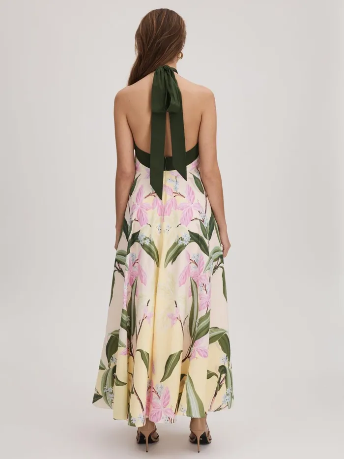 Women Reiss Brands Printed Halterneck Midi Dress Pale Yellow