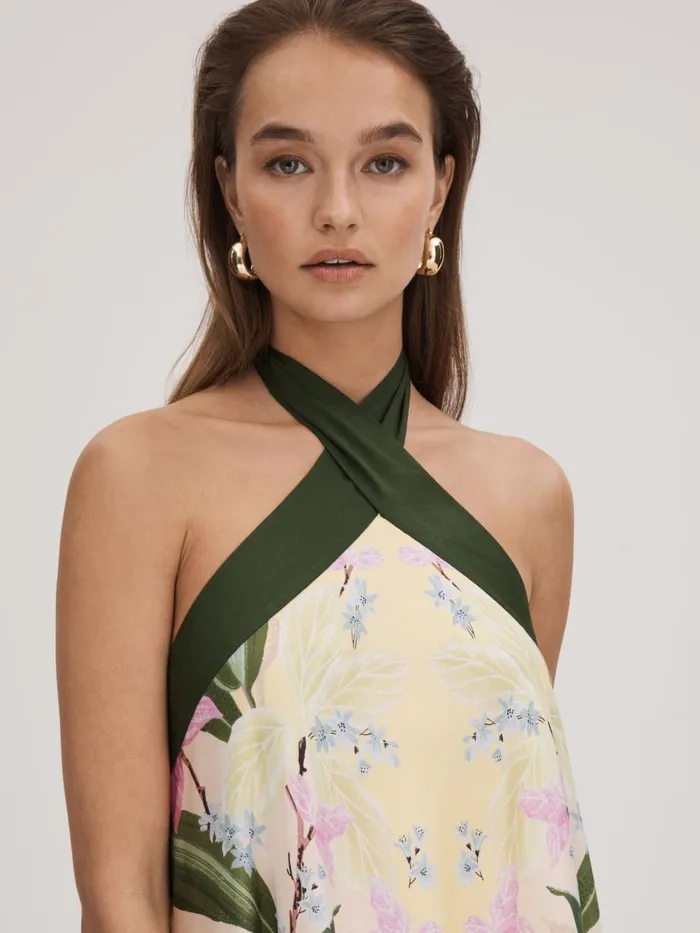 Women Reiss Brands Printed Halterneck Midi Dress Pale Yellow