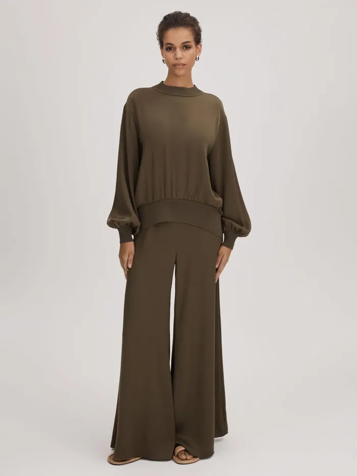 Women Reiss Brands Wide Leg Satin Trousers Dark Khaki