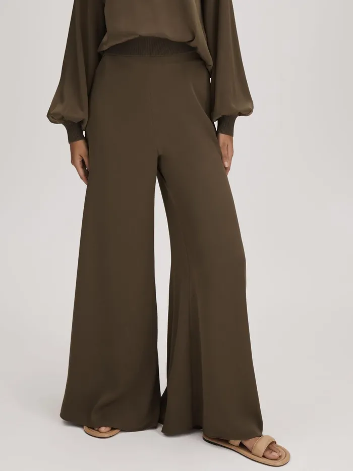 Women Reiss Brands Wide Leg Satin Trousers Dark Khaki