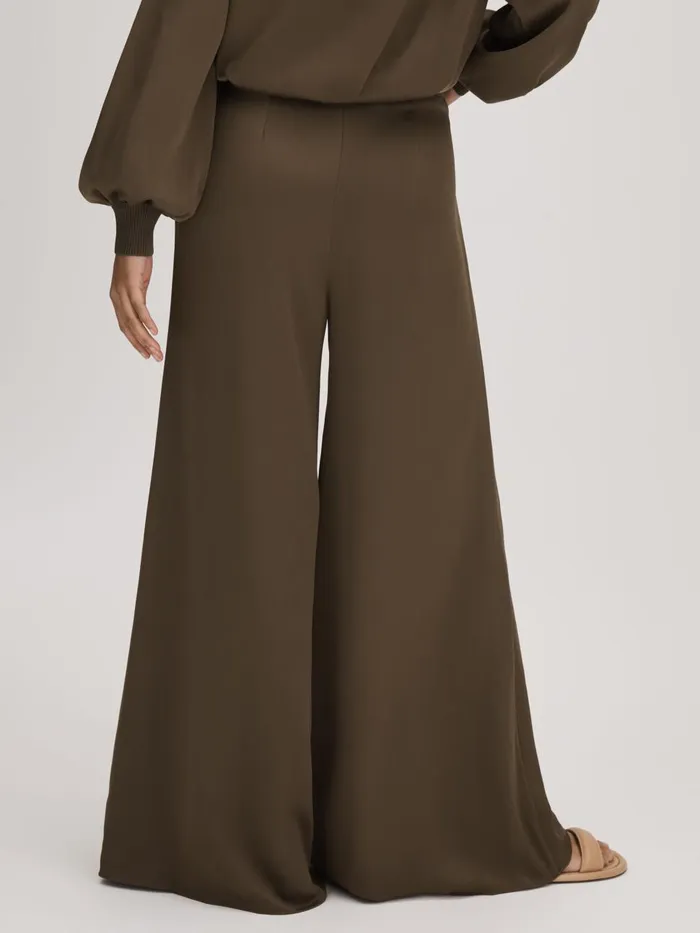Women Reiss Brands Wide Leg Satin Trousers Dark Khaki