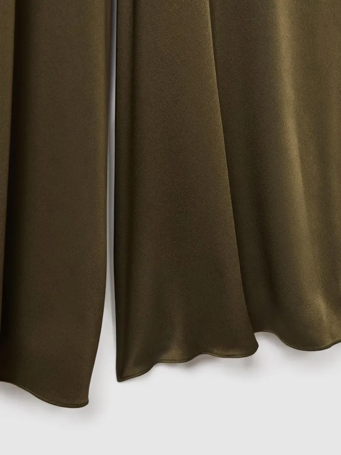 Women Reiss Brands Wide Leg Satin Trousers Dark Khaki