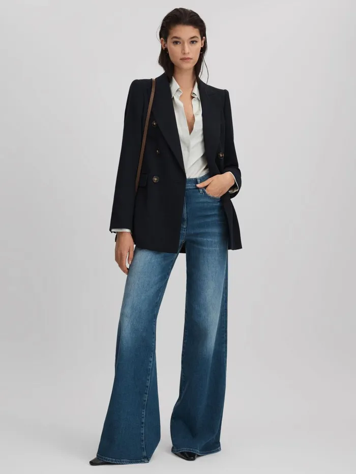 Women Reiss Coats Lana Tailored Textured Wool Blend Double Breasted Blazer Navy