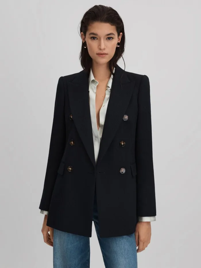 Women Reiss Coats Lana Tailored Textured Wool Blend Double Breasted Blazer Navy