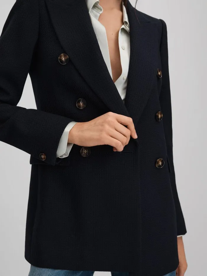 Women Reiss Coats Lana Tailored Textured Wool Blend Double Breasted Blazer Navy