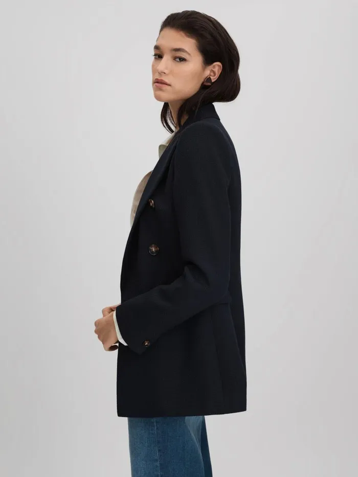 Women Reiss Coats Lana Tailored Textured Wool Blend Double Breasted Blazer Navy