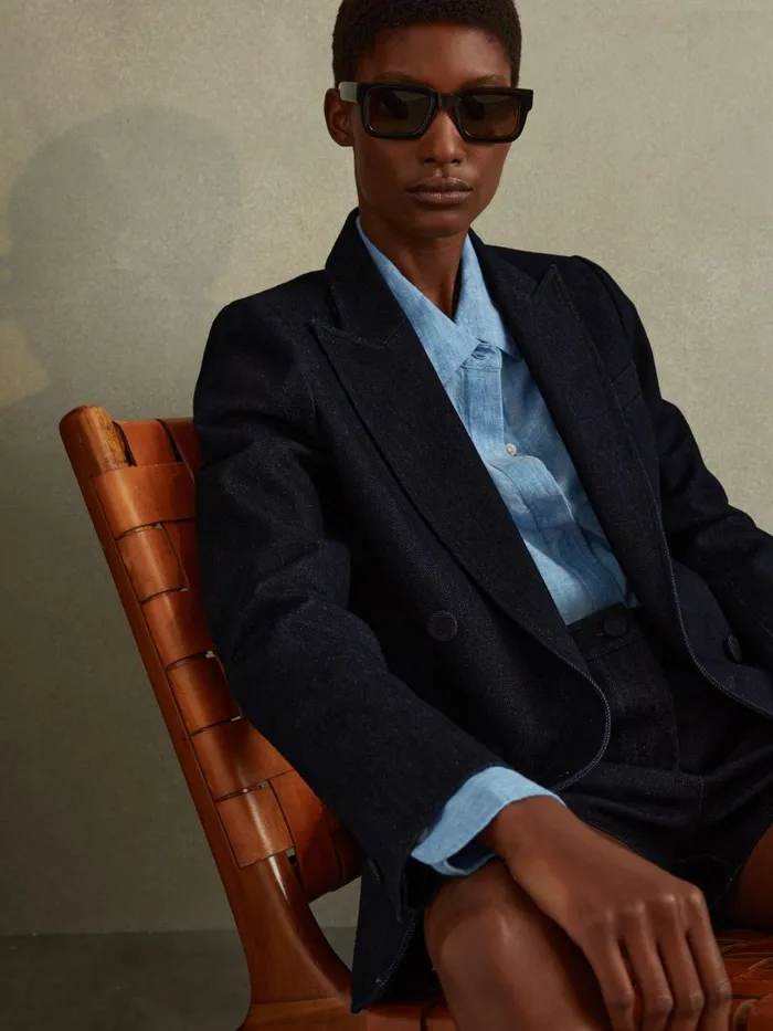 Women Reiss Coats Maya Double Breasted Denim Suit Blazer Dark Blue