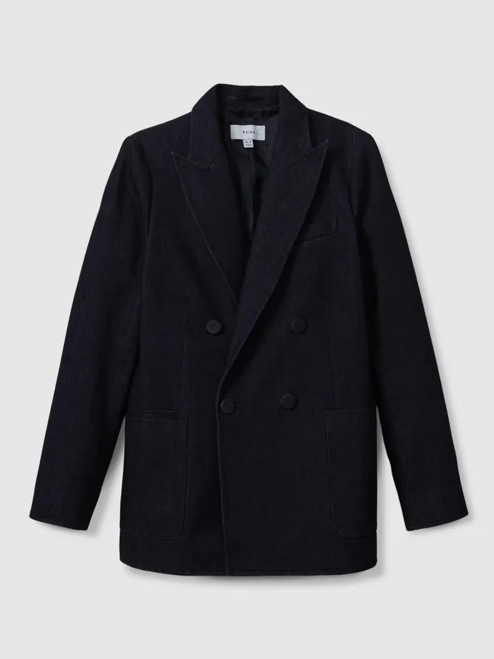 Women Reiss Coats Maya Double Breasted Denim Suit Blazer Dark Blue