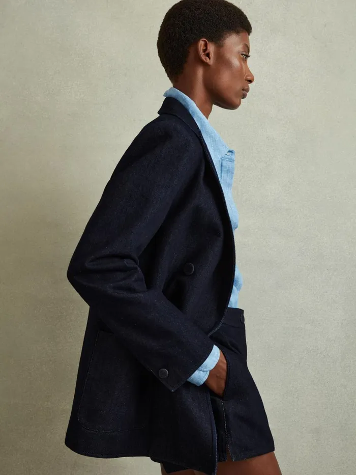 Women Reiss Coats Maya Double Breasted Denim Suit Blazer Dark Blue