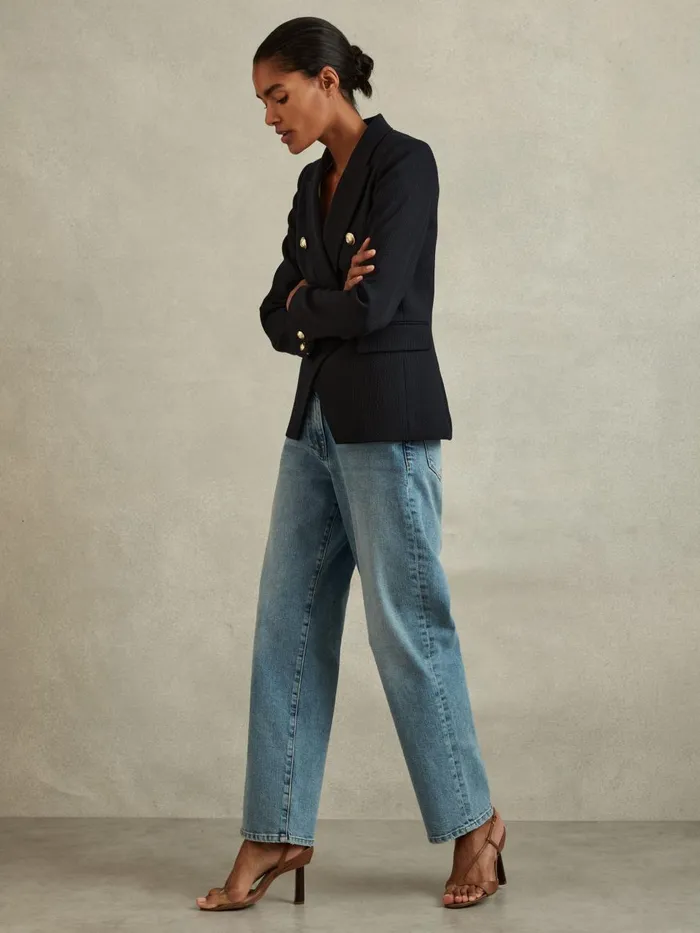 Women Reiss Coats Tally Tailored Fit Textured Double Breasted Blazer Navy