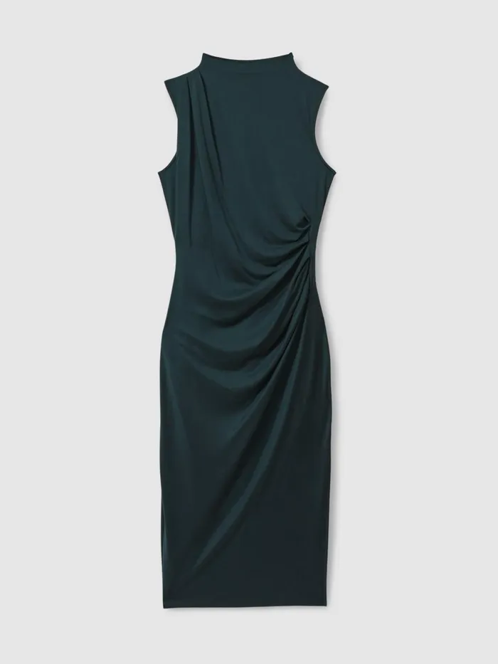 Women Reiss Dresses Beaux Modal Blend Ruched Midi Dress Dark Green