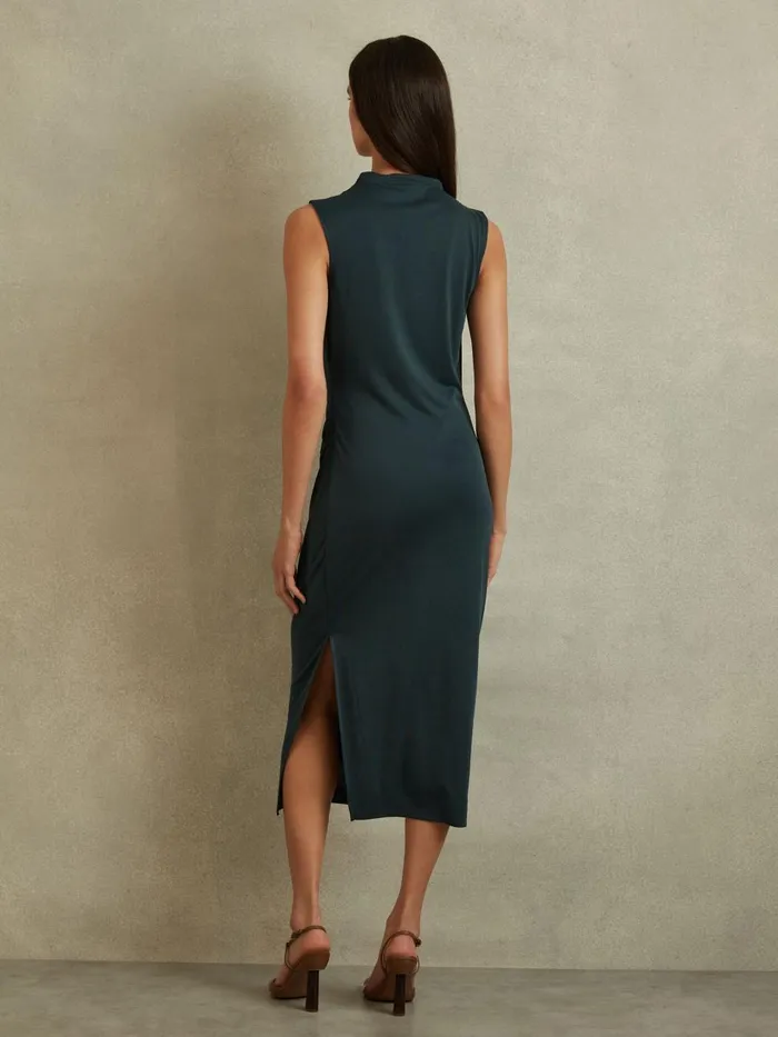 Women Reiss Dresses Beaux Modal Blend Ruched Midi Dress Dark Green