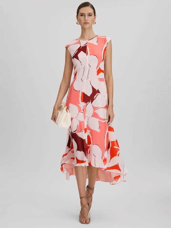 Women Reiss Dresses Becci Printed Open Back Midi Dress Red