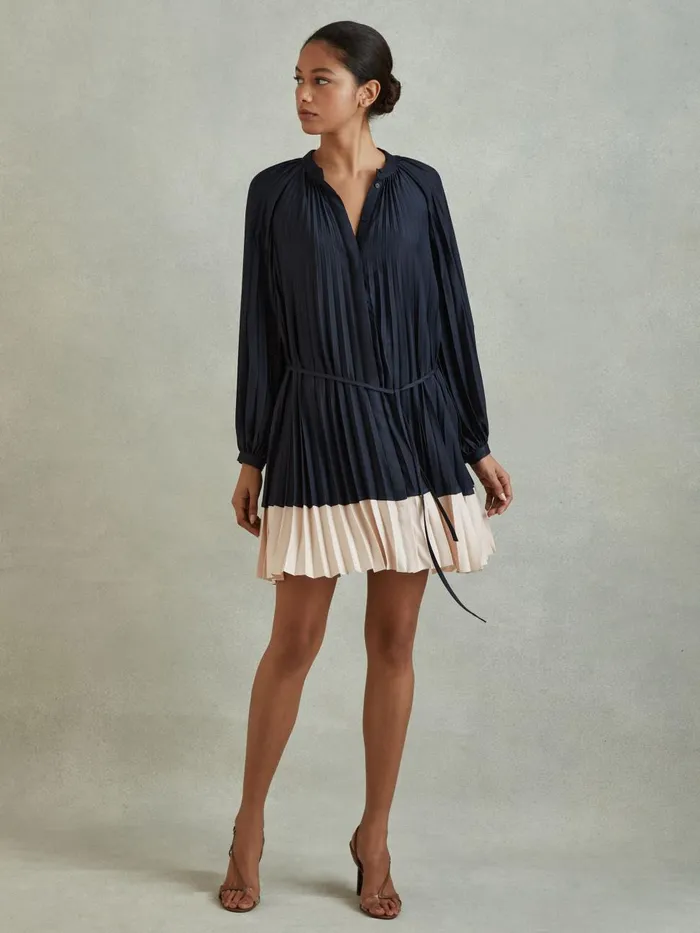 Women Reiss Dresses Gabby Pleated Colourblock Mini Dress Navyblush