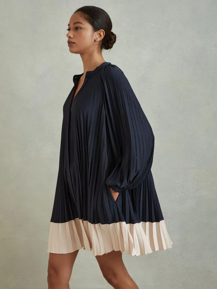 Women Reiss Dresses Gabby Pleated Colourblock Mini Dress Navyblush