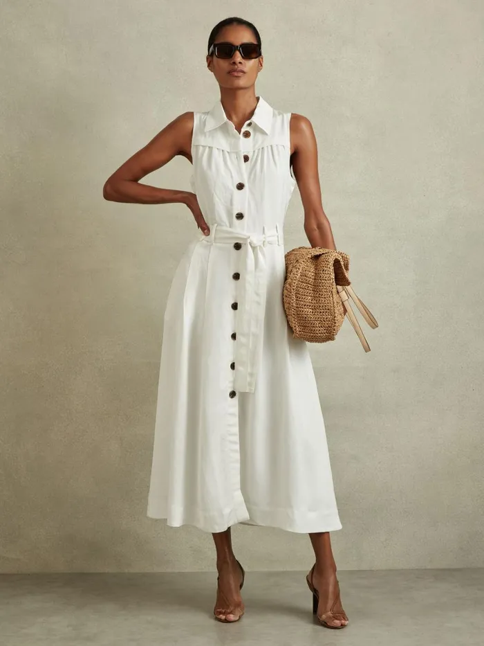 Women Reiss Dresses Heidi Viscose Linen Belted Midi Dress White