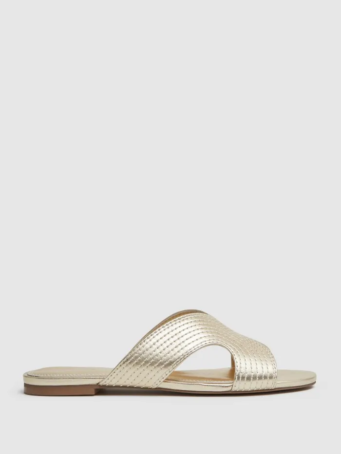Women Reiss Flats Rose Leather SlipOn Sandals Gold