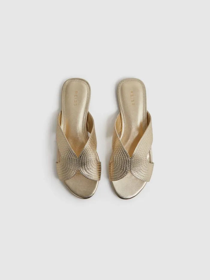Women Reiss Flats Rose Leather SlipOn Sandals Gold