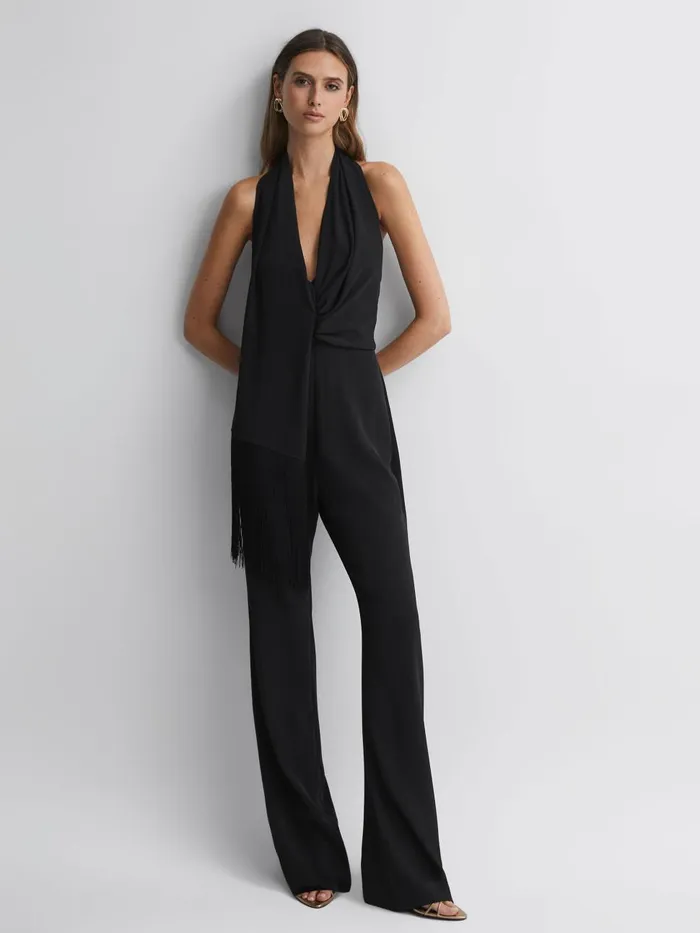Women Reiss Jumpsuits and Playsuits Halter Neck Tassel Jumpsuit Black