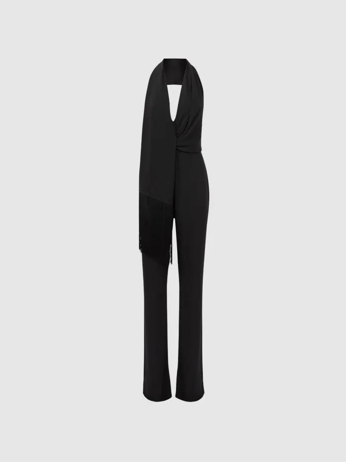 Women Reiss Jumpsuits and Playsuits Halter Neck Tassel Jumpsuit Black