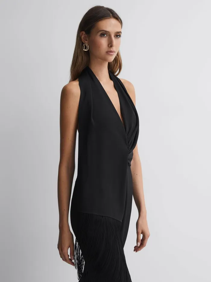 Women Reiss Jumpsuits and Playsuits Halter Neck Tassel Jumpsuit Black
