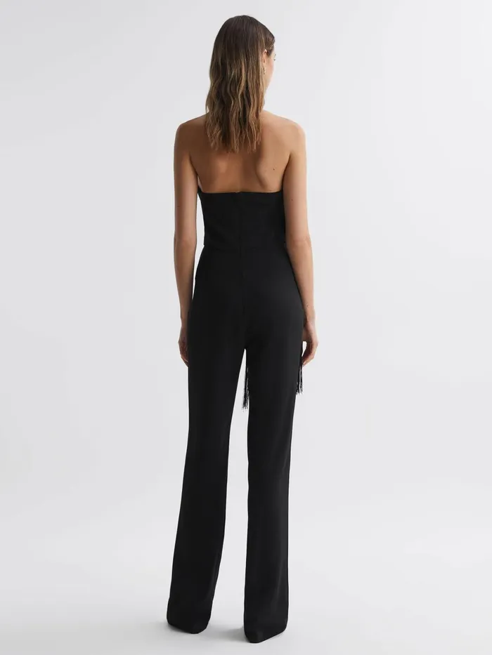 Women Reiss Jumpsuits and Playsuits Halter Neck Tassel Jumpsuit Black