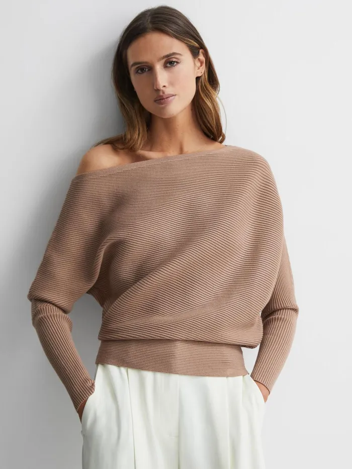 Women Reiss Knitwear Lorna Asymmetric Drape Knitted Top Camel