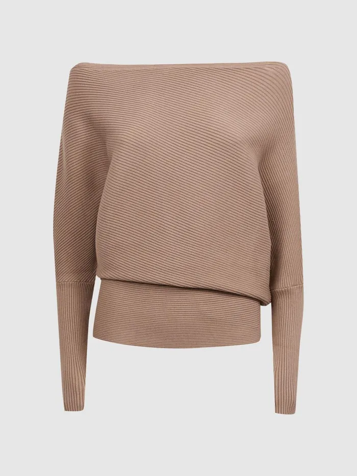 Women Reiss Knitwear Lorna Asymmetric Drape Knitted Top Camel