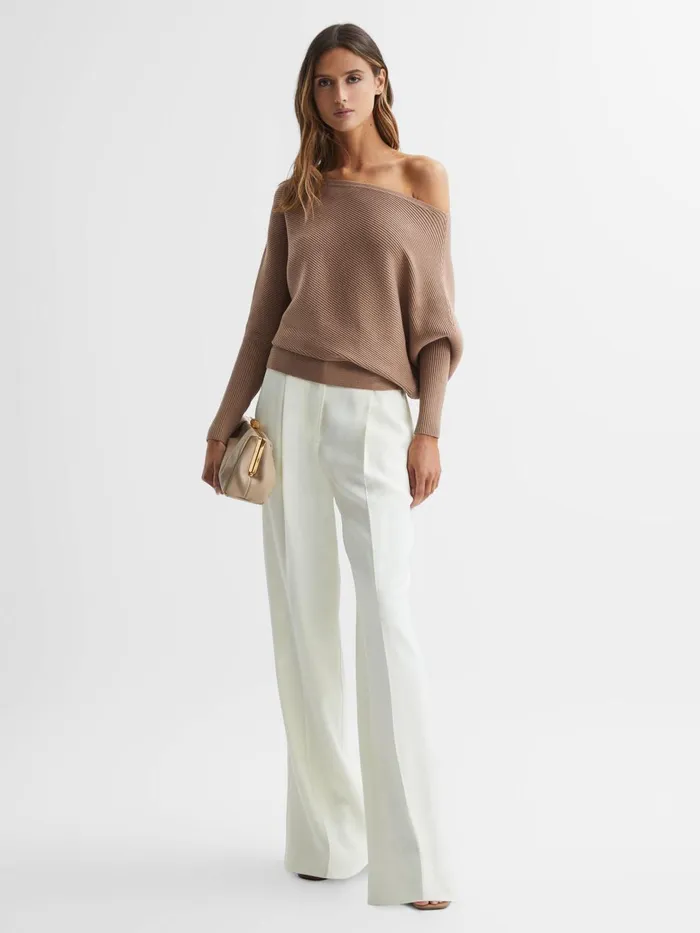 Women Reiss Knitwear Lorna Asymmetric Drape Knitted Top Camel