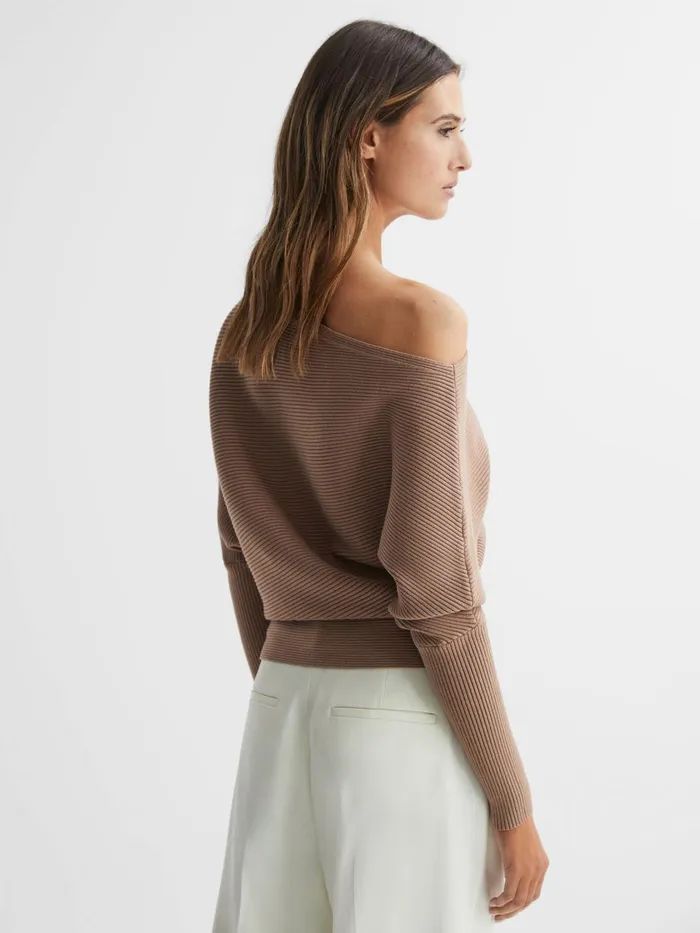 Women Reiss Knitwear Lorna Asymmetric Drape Knitted Top Camel