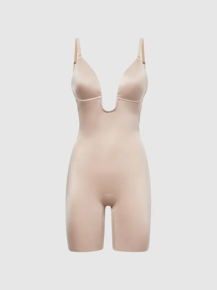 Women Reiss Lingerie Shapewear Firming Plunge LowBack MidThigh Bodysuit Champagne