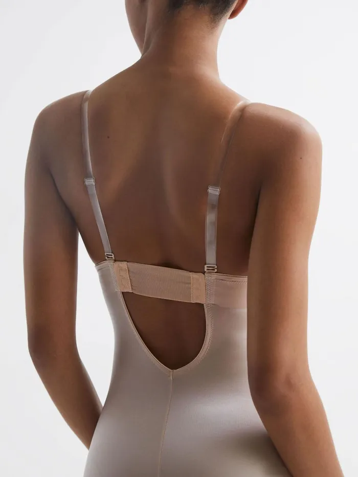 Women Reiss Lingerie Shapewear Firming Plunge LowBack MidThigh Bodysuit Champagne