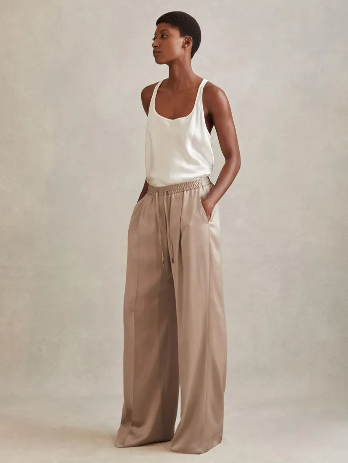 Women Reiss Pants Cole Satin Drawstring Wide Leg Trousers Gold