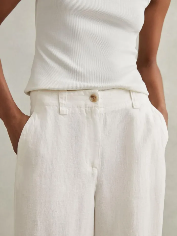Women Reiss Pants Demi Linen Wide Leg Garment Dyed Trousers White