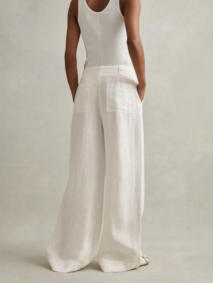 Women Reiss Pants Demi Linen Wide Leg Garment Dyed Trousers White