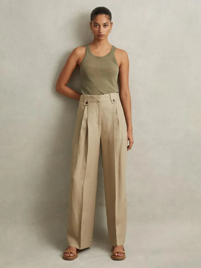 Women Reiss Pants Leila Linen Front Pleat Trousers Light Khaki