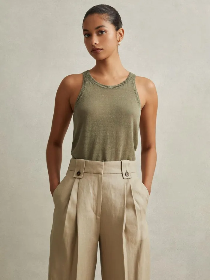 Women Reiss Pants Leila Linen Front Pleat Trousers Light Khaki