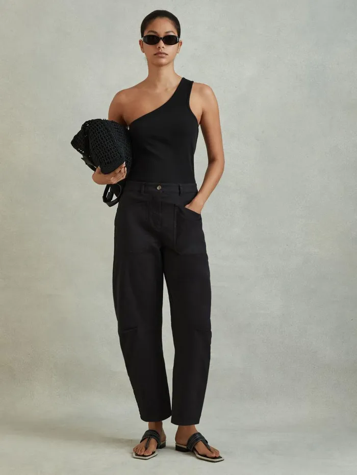 Women Reiss Pants Nova Cotton Blend Barrel Leg Trousers Washed Black