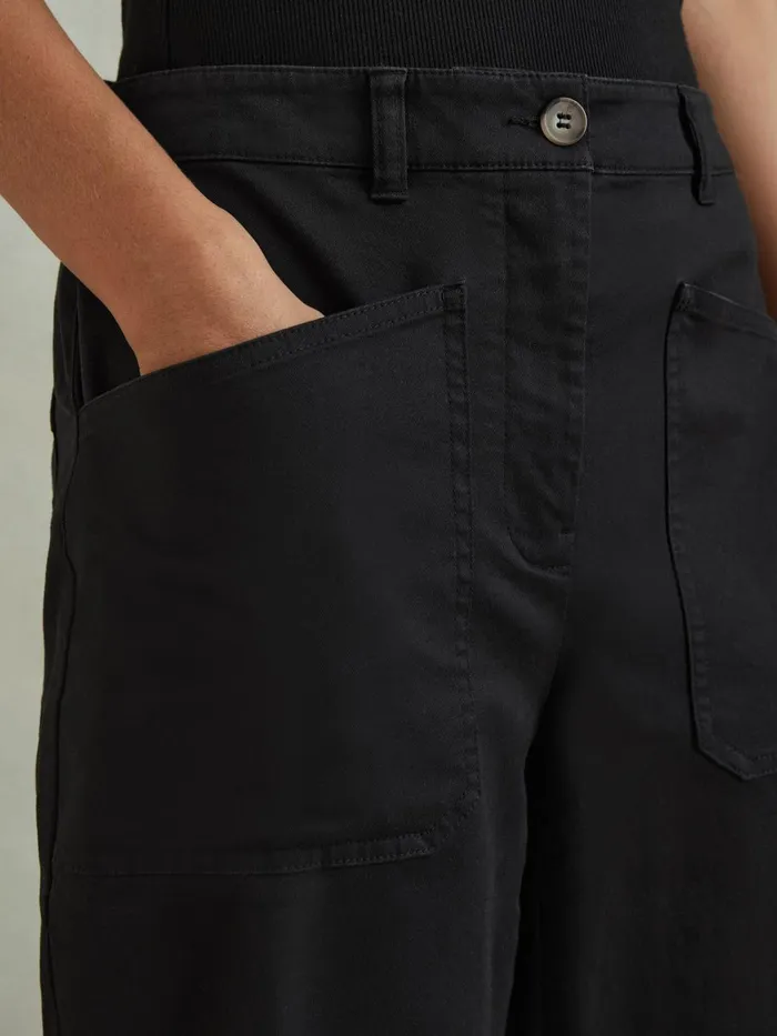 Women Reiss Pants Nova Cotton Blend Barrel Leg Trousers Washed Black