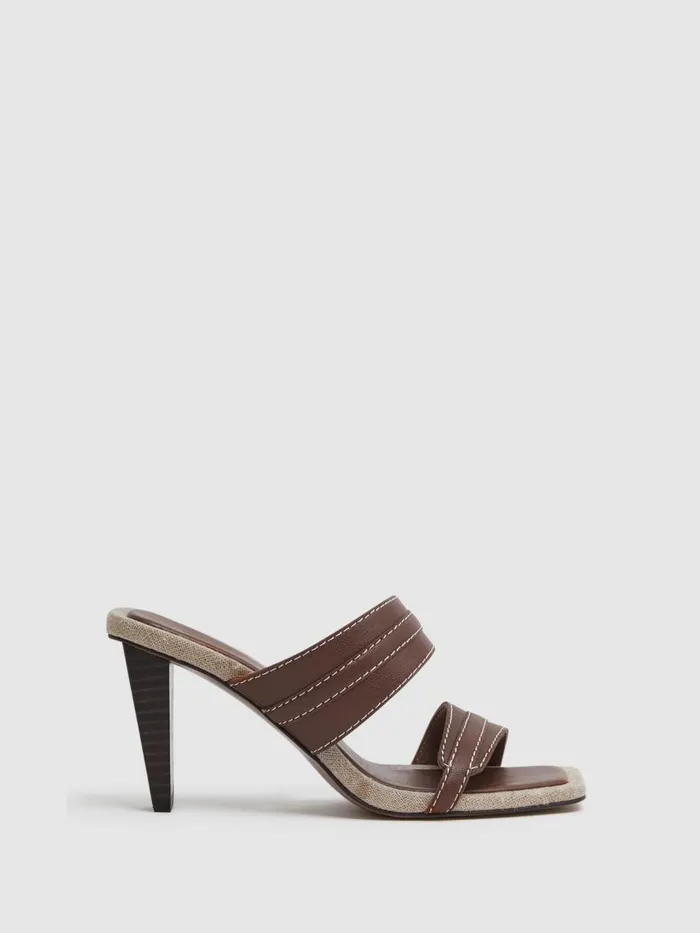 Women Reiss Sandals Ruby Leather Strap Heeled Mules Tan