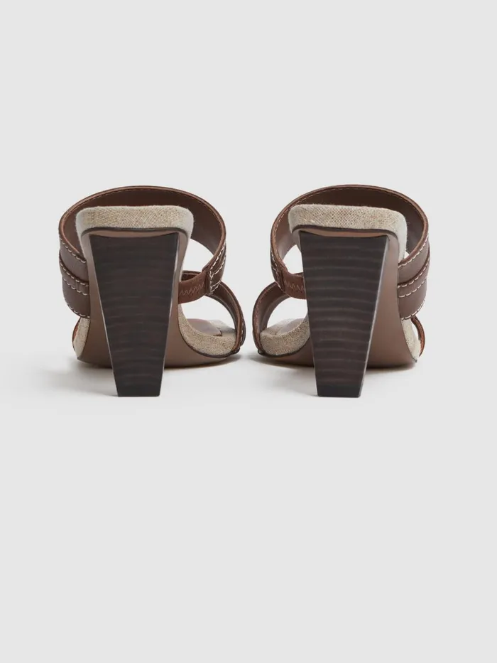Women Reiss Sandals Ruby Leather Strap Heeled Mules Tan