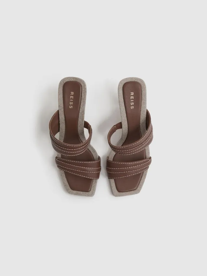 Women Reiss Sandals Ruby Leather Strap Heeled Mules Tan