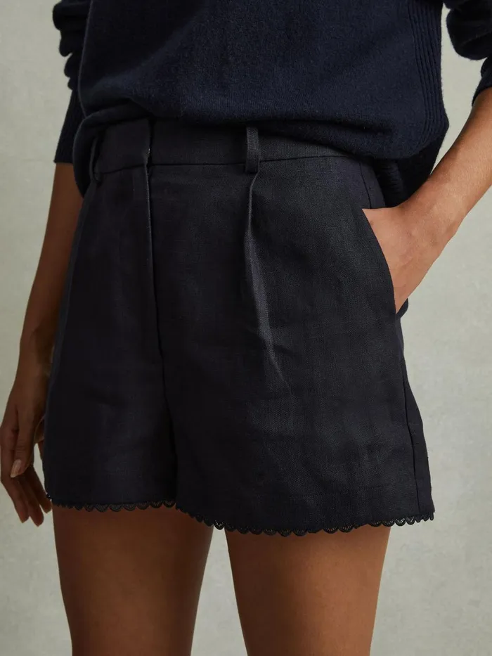 Women Reiss Shorts Belle Linen Belted Shorts Navy