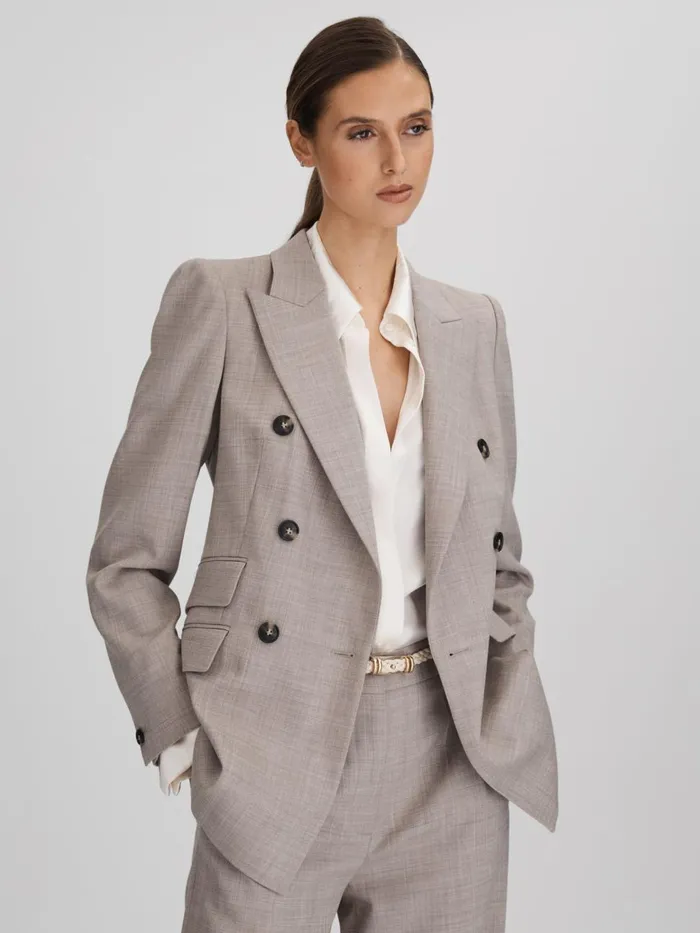 Women Reiss Suits and Tailoring Hazel Tailored Wool Blend Double Breasted Suit Blazer Oatmeal